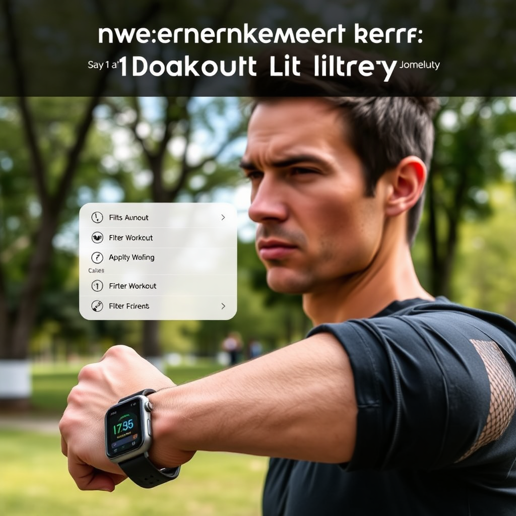 Photorealistic image of a fitness tracker displaying various workout options and filter settings. The tracker is on a person's wrist as they're exercising outdoors in a park. Show sweat on their brow and a determined look in their eyes. The background features a scenic view of trees and a clear sky. Highlight the convenience and efficiency of the workout library.