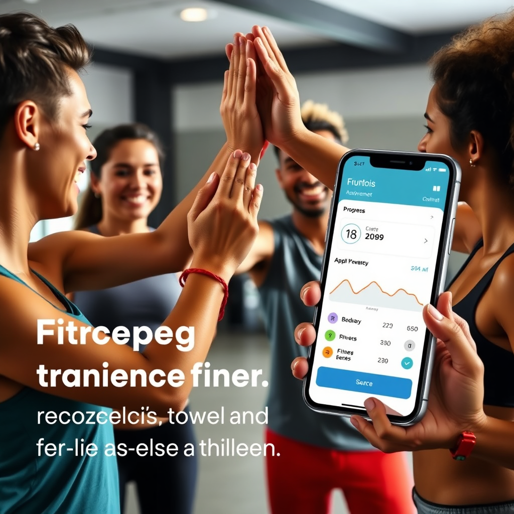 Photorealistic image of a group of friends celebrating a fitness milestone together. They are high-fiving and smiling, while a progress tracker app displays their collective achievements. The background features a supportive and encouraging environment. Highlight the importance of accountability and community support.