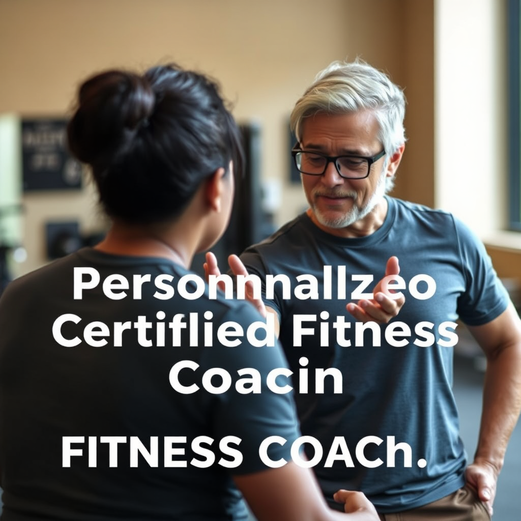 Photorealistic image of a person receiving personalized coaching from a certified fitness coach. The coach is providing guidance and encouragement, while the person is focused on achieving their goals. The background features a supportive and encouraging environment. Convey a sense of trust and expertise.