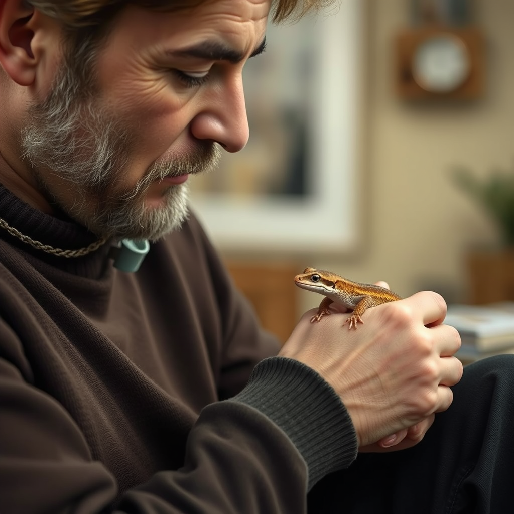 Person thoughtfully interacting with an exotic pet