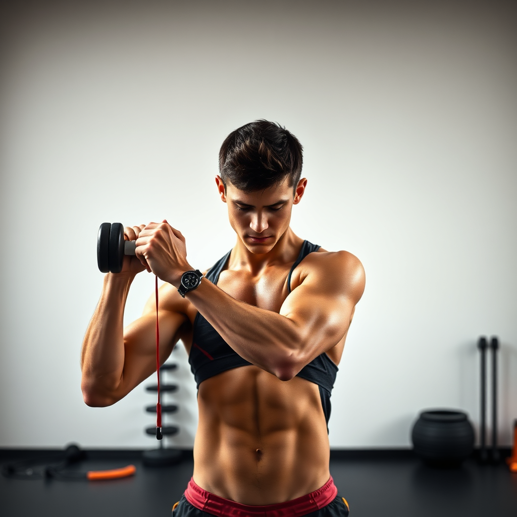 Photorealistic image of a person performing a workout using only resistance bands and dumbbells. The person is focused and determined. The background features a minimalist setting with essential equipment. Highlight the versatility and effectiveness of limited equipment.