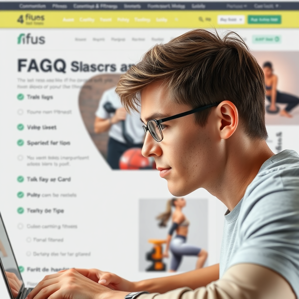 Photorealistic image of a person searching for answers in an FAQ section on a website. The person is focused and determined to find the information they need. The background features a clean and organized design with fitness-related elements. Convey a sense of clarity and reliability.