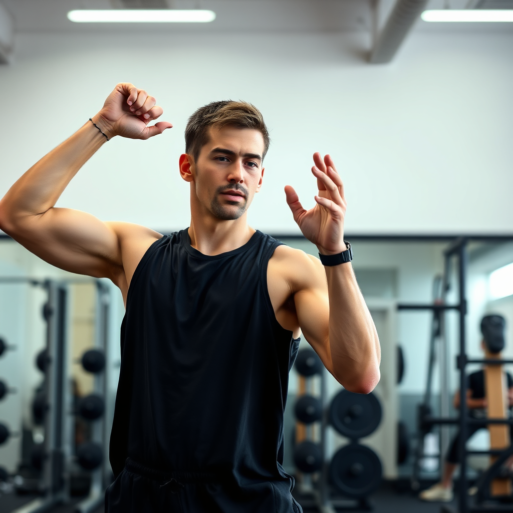Photorealistic image of a person performing a dynamic warm-up routine before a workout. The person is focused and energized. The background features a gym setting with various equipment. Convey a sense of preparation and readiness.