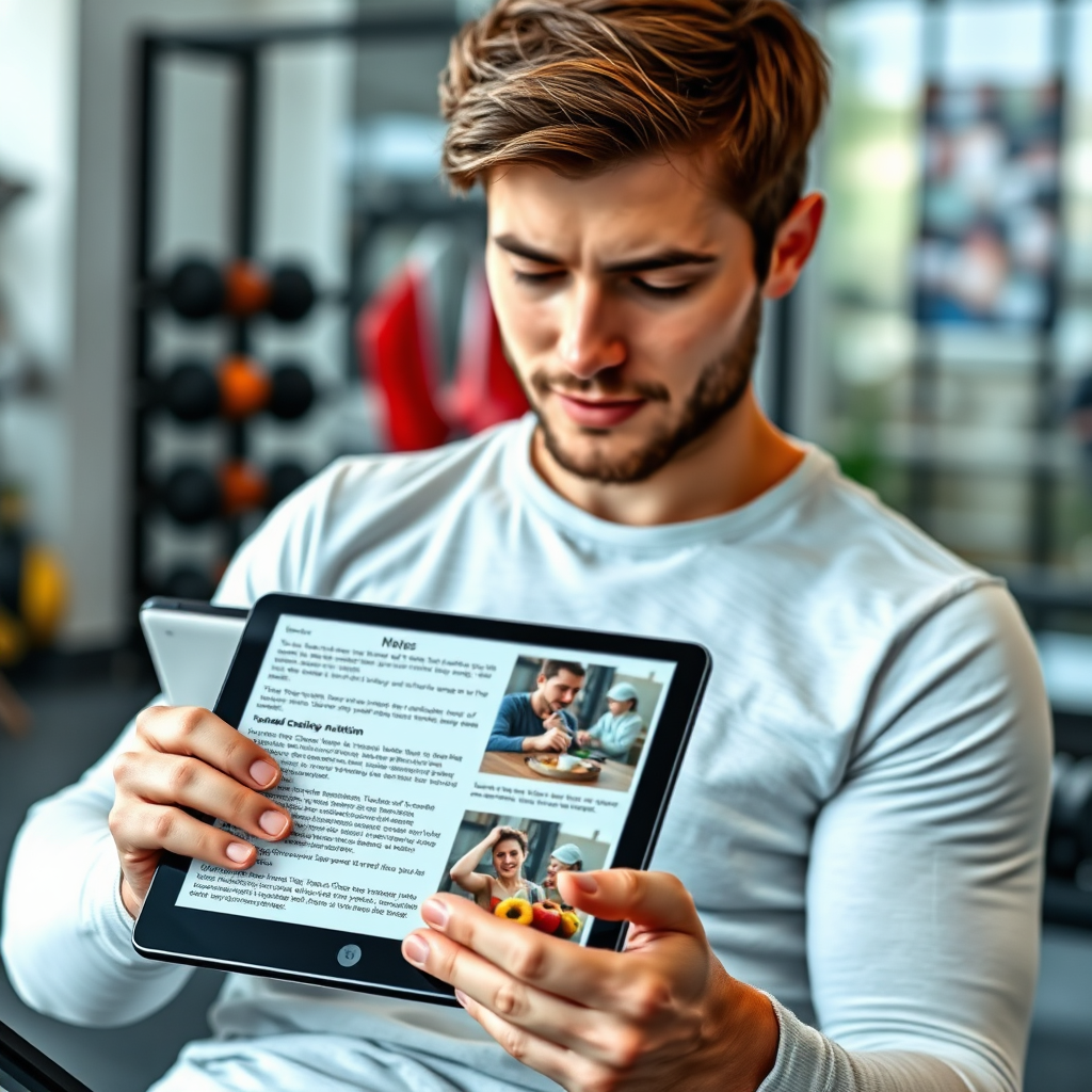 Photorealistic image of a person reading a blog article on a tablet. The article features scientific data and images related to training and nutrition. The background features a clean and modern setting with fitness-related elements. Convey a sense of knowledge and expertise.