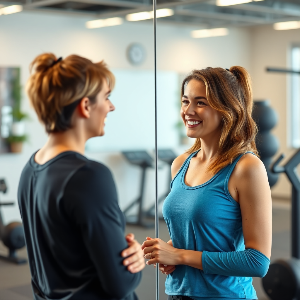 Photorealistic image of a person looking at their reflection in a mirror, seeing a healthier and more confident version of themselves. The person is smiling and appears proud of their achievements. The background features a clean and modern setting with fitness-related elements. Convey a sense of self-improvement and empowerment.