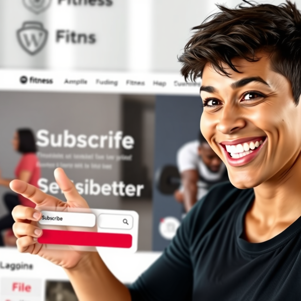 Photorealistic image of a person subscribing to a newsletter on a website. The person is smiling and appears excited to receive updates. The background features a clean and modern design with fitness-related elements. Convey a sense of excitement and anticipation.