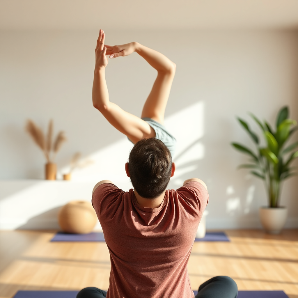 Photorealistic image of a person performing a stretching routine in a calm and serene environment. The person is focused on their breath and movements. The background features a yoga studio with soft lighting and natural elements. Convey a sense of relaxation and rejuvenation.