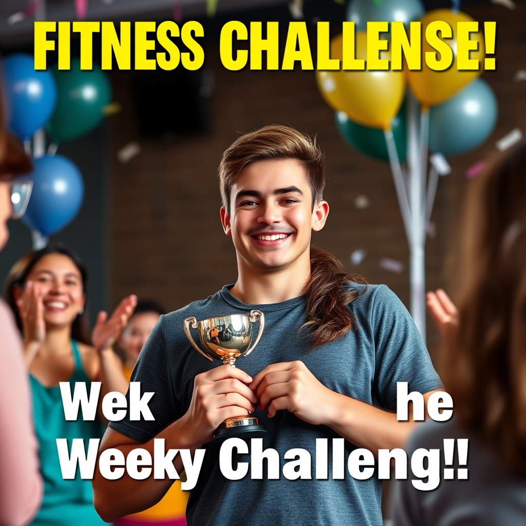 Photorealistic image of a person receiving a fitness award for their participation in a weekly challenge. The person is smiling and holding a trophy, while others are applauding. The background features a celebratory setting with balloons and confetti. Highlight the rewards and recognition earned through participation.