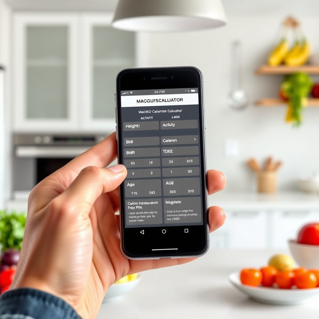 Photorealistic image of a person using a smartphone to input their height, weight, age, and activity level into a macro and calorie calculator app. The screen displays the results, including BMI, BMR, and TDEE, with clear and concise explanations. The background features a bright and modern kitchen setting with healthy ingredients. Highlight the ease and convenience of the calculator.
