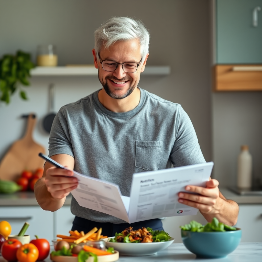 Photorealistic image of a person following a nutrition guideline while preparing a healthy meal. The person is smiling and appears confident in their choices. The background features a clean and modern kitchen setting with healthy ingredients. Highlight the importance of informed nutrition choices.