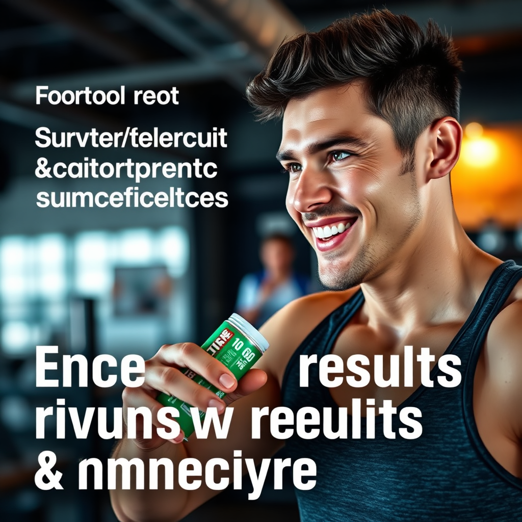 Photorealistic image of a person taking a supplement after a workout. The person is smiling and appears energized. The background features a clean and modern setting with fitness-related elements. Highlight the benefits of supplements for enhancing results and improving recovery.