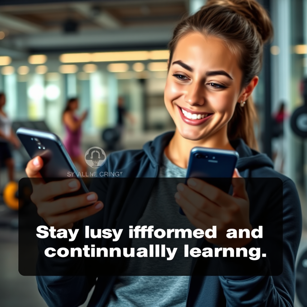 Photorealistic image of a person using a smartphone to read a blog article about fitness. The person is smiling and appears engaged with the content. The background features a modern and dynamic setting with fitness-related elements. Emphasize the importance of staying informed and continuously learning.