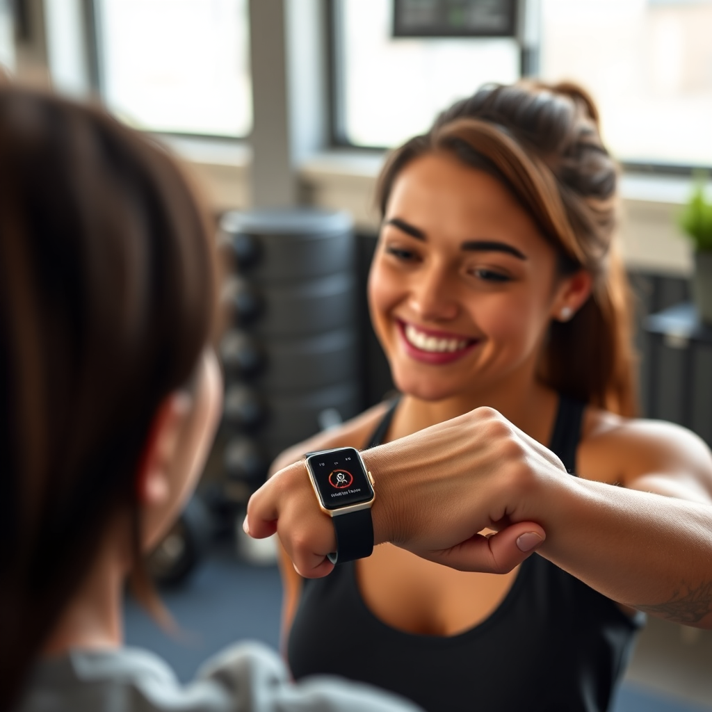 Photorealistic image of a person receiving a motivational notification on their smartwatch. The person is smiling and appears encouraged by the notification. The background features a clean and modern setting with fitness-related elements. Highlight the power of personalized reminders and encouragement.