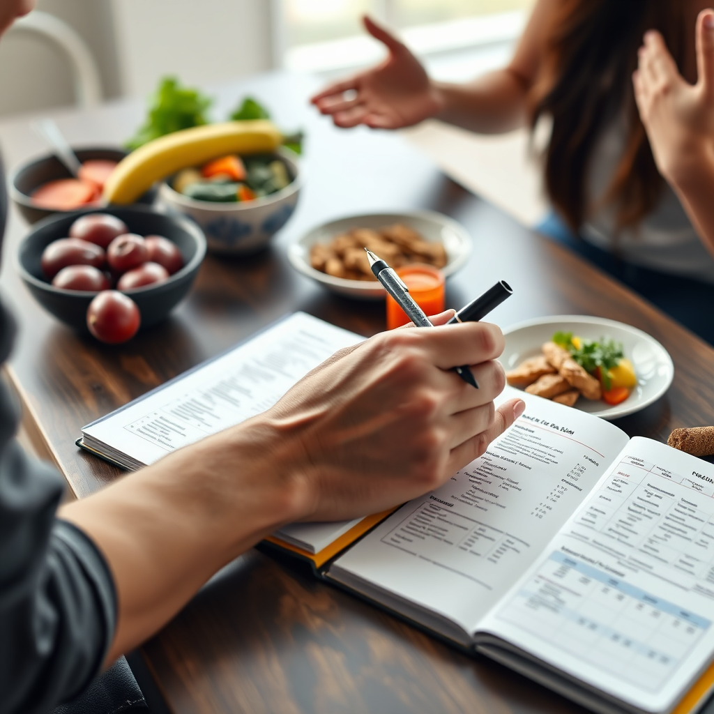 Photorealistic image of a person using a notebook and pen to create a meal plan based on their calculated macro and calorie needs. The notebook is filled with healthy recipes and meal ideas. The background features a table with various healthy ingredients and a supportive partner providing encouragement. Emphasize the importance of personalized planning and support.