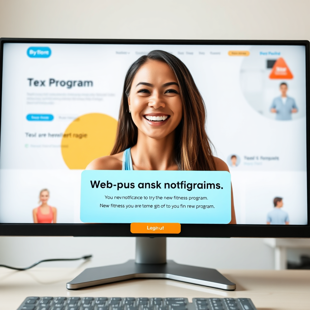 Photorealistic image of a web-push notification popping up on a computer screen, announcing a new fitness program. The person is smiling and appears excited to try the new program. The background features a clean and modern design with fitness-related elements. Highlight the immediacy and convenience of web-push notifications.
