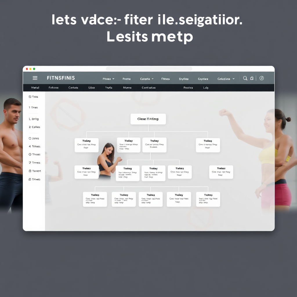 Photorealistic image of a website sitemap displaying the structure and organization of the website. The sitemap is clear and easy to navigate. The background features a clean and modern design with fitness-related elements. Highlight the importance of clear navigation.