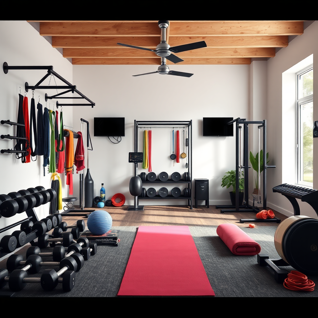 Photorealistic image of a well-equipped home gym with various equipment, such as dumbbells, resistance bands, and a yoga mat. The gym is organized and inviting. The background features a clean and modern design with natural light. Convey a sense of inspiration and motivation.