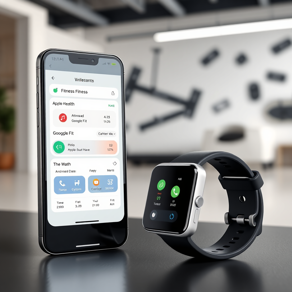 Photorealistic image showcasing a smartphone displaying a fitness app synced with a smartwatch. The app displays data from Apple Health, Google Fit, and Fitbit, showcasing seamless integration. The background features a clean and modern setting with fitness-related elements. Convey a sense of connectivity and convenience.
