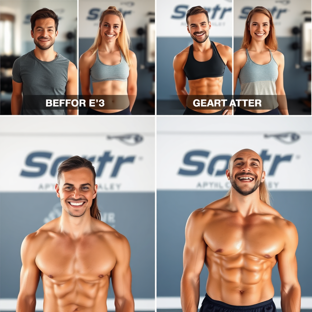 Photorealistic image showcasing a collage of before-and-after photos of individuals who have achieved significant fitness progress through the SportBar program. These individuals are smiling and confident. The background features a clean and modern design with fitness-related elements. Convey a sense of transformation, achievement, and inspiration.