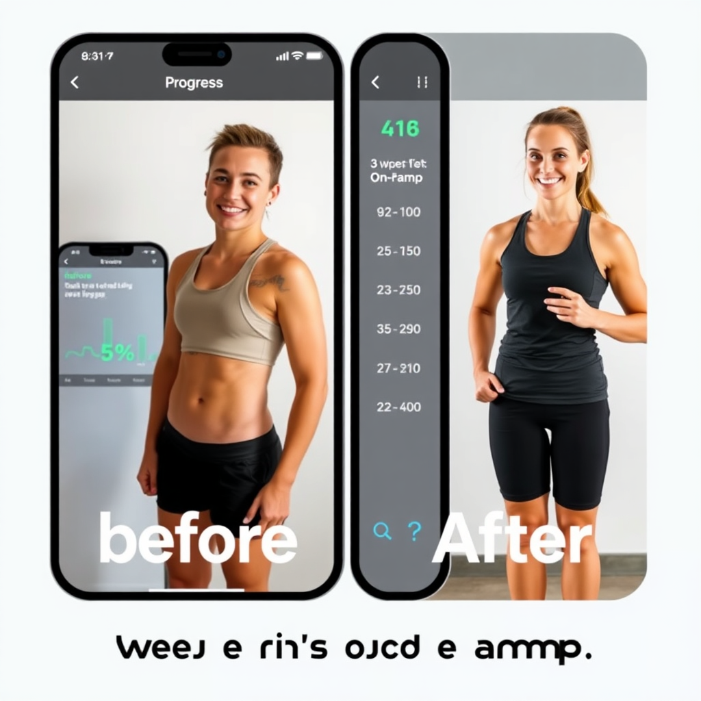 Photorealistic image showing a split-screen of before-and-after photos of a beginner who has completed the 3-week on-ramp program. On one side, the 'before' photo shows the person looking less fit, while the 'after' photo shows them looking healthier and more confident. The background features a progress tracker app displaying their achievements. Convey a sense of transformation and inspiration.