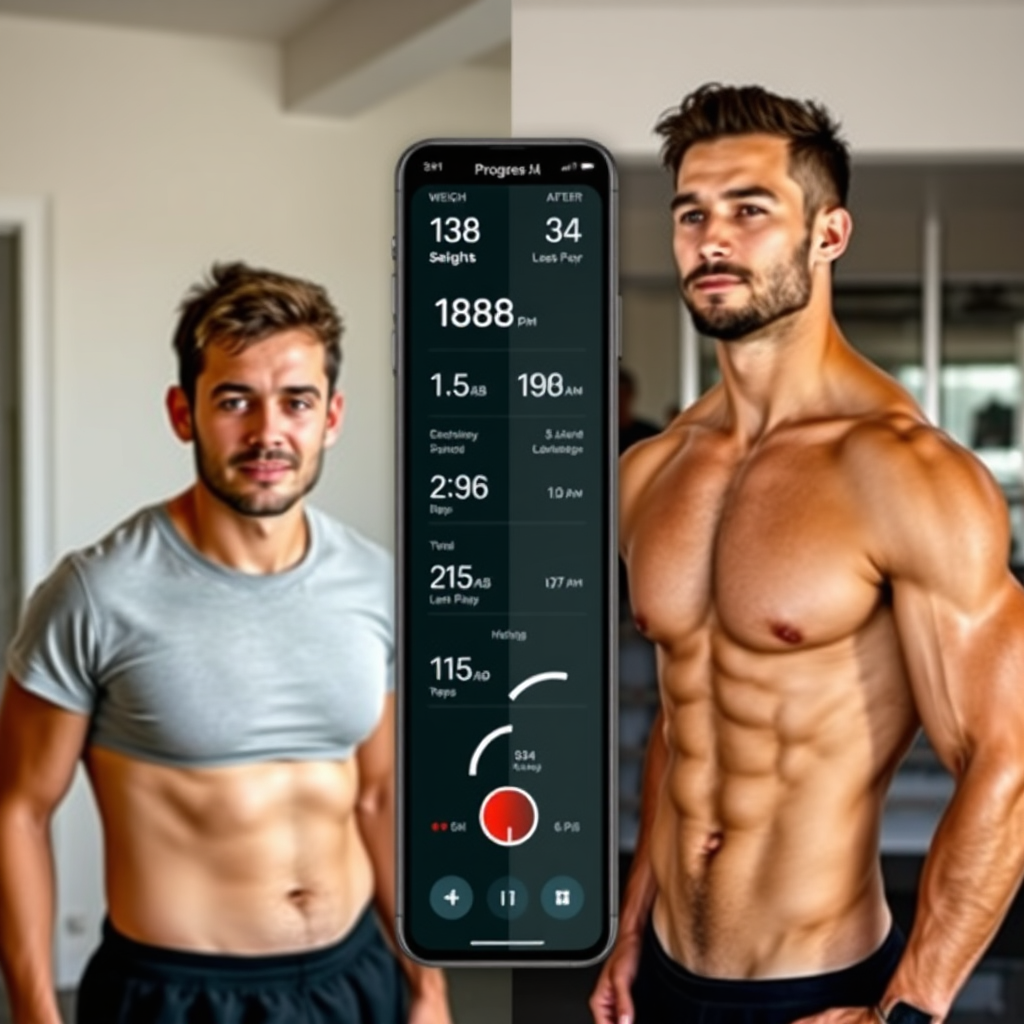 Photorealistic image showing a split-screen of before-and-after photos of a person who has achieved significant fitness progress. On one side, the 'before' photo shows the person looking less fit, while the 'after' photo shows them looking toned and confident. The background features a progress tracker app displaying weight, reps, and other measurements. Convey a sense of transformation and motivation.