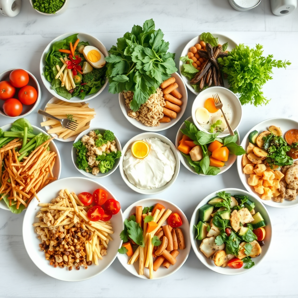 Photorealistic overhead shot of a colorful and diverse spread of healthy meals. Include vegan, low-carb, and balanced options. Focus on fresh ingredients, vibrant colors, and attractive presentation. The background features a clean, modern kitchen setting with natural light. Convey a sense of abundance and healthy choices.