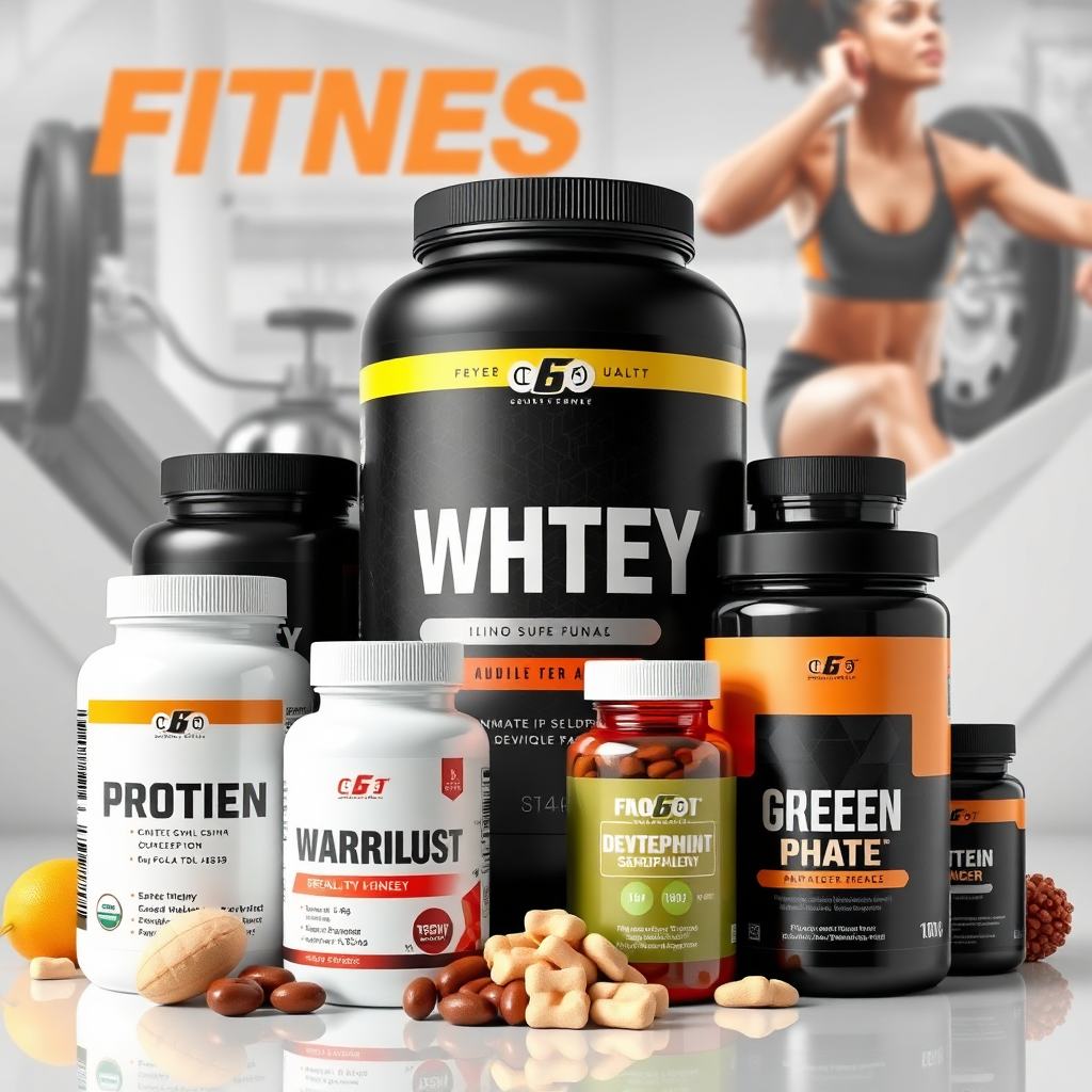 Photorealistic product shot of various fitness supplements arranged in an appealing manner. The supplements include protein powder, vitamins, and pre-workout formulas. The background features a clean and modern design with fitness-related elements. Convey a sense of quality, performance enhancement, and trustworthiness.
