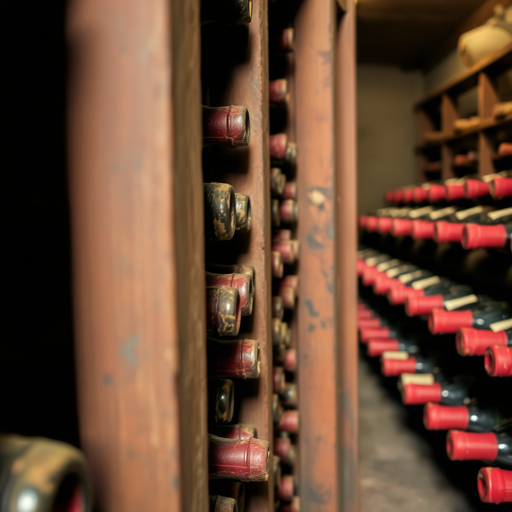 Aged wine bottles in a dark cellar