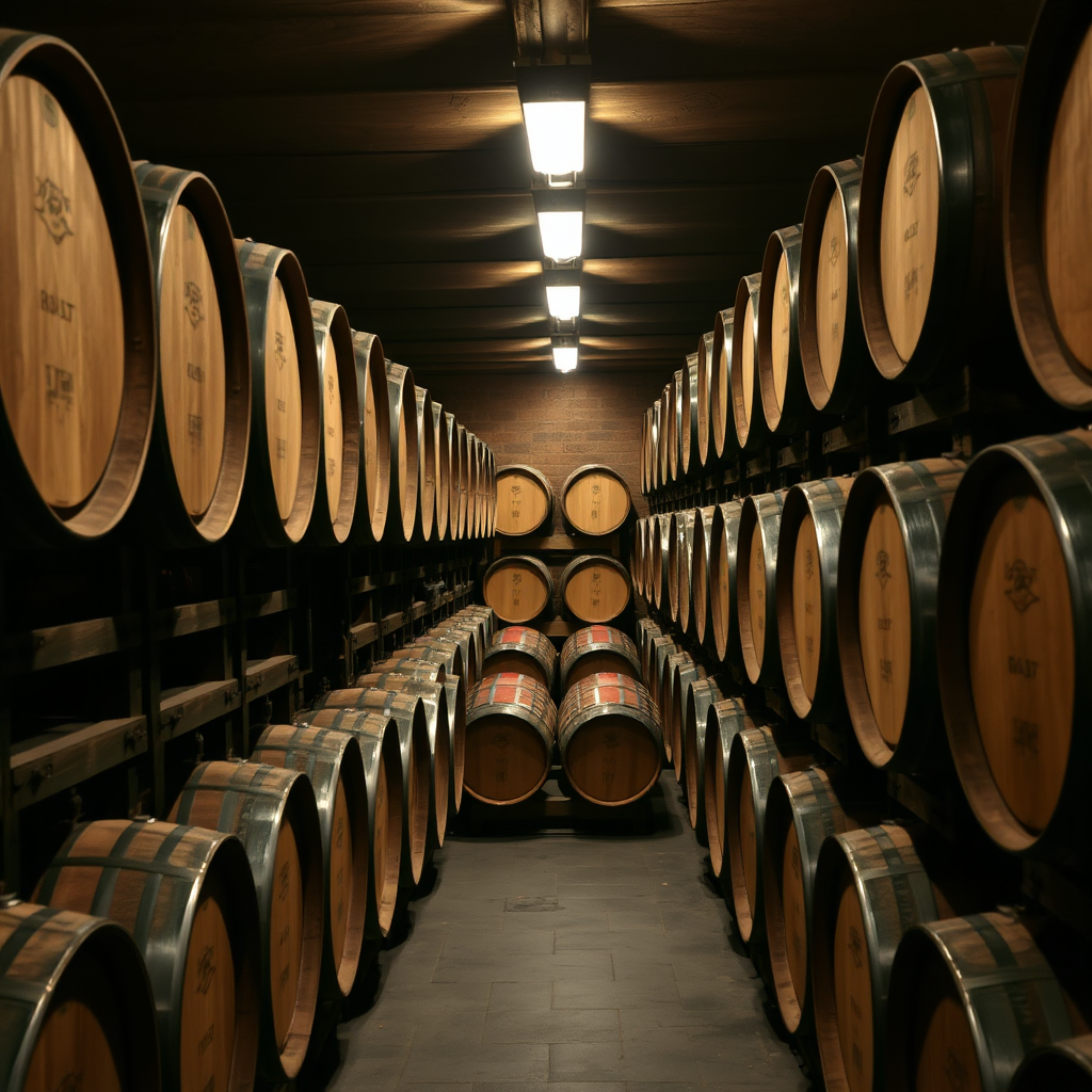 Oak barrels in a cellar
