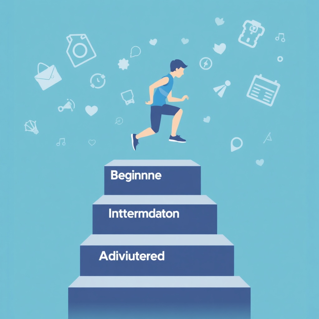 Stylized illustration depicting a staircase with each step labeled with increasing difficulty levels (e.g., Beginner, Intermediate, Advanced). A person is shown climbing the stairs, representing progression through a fitness program. The background features motivational icons and a sense of upward movement. Use a gradient color scheme to symbolize growth and improvement.