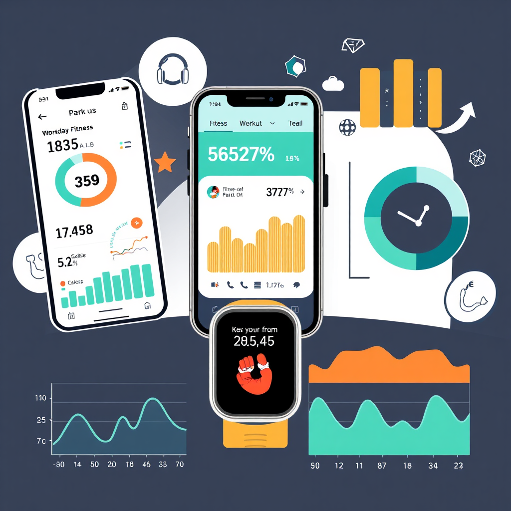 Stylized illustration featuring data charts and graphs displaying fitness metrics from a synced app and wearable. The data includes workout information, calorie intake, and sleep patterns. The background features a clean and scientific design with fitness-related elements. Emphasize the value of data tracking and analysis.