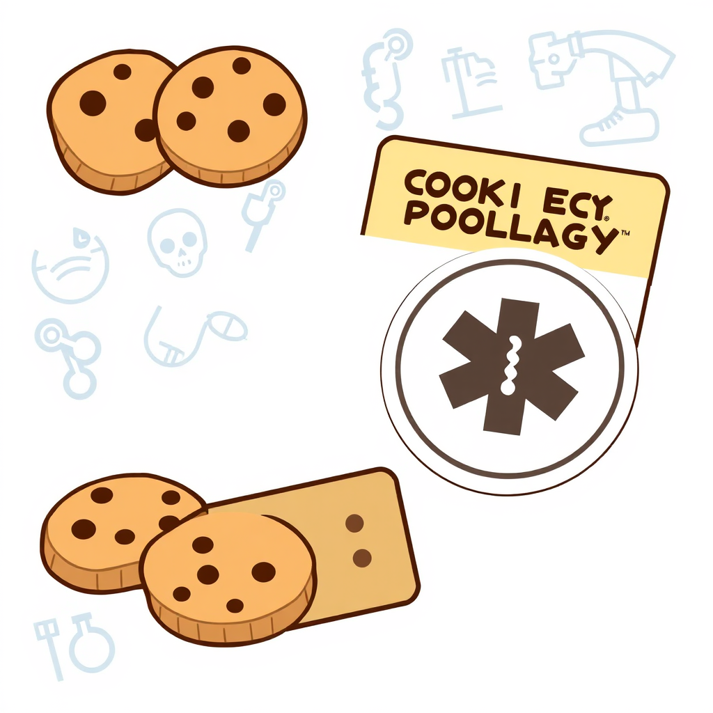 Stylized illustration featuring cookie icons and a medical symbol, representing the cookie policy and medical disclaimer. The illustration is informative and reassuring. The background features a clean and scientific design with fitness-related elements. Emphasize the importance of transparency and responsibility.