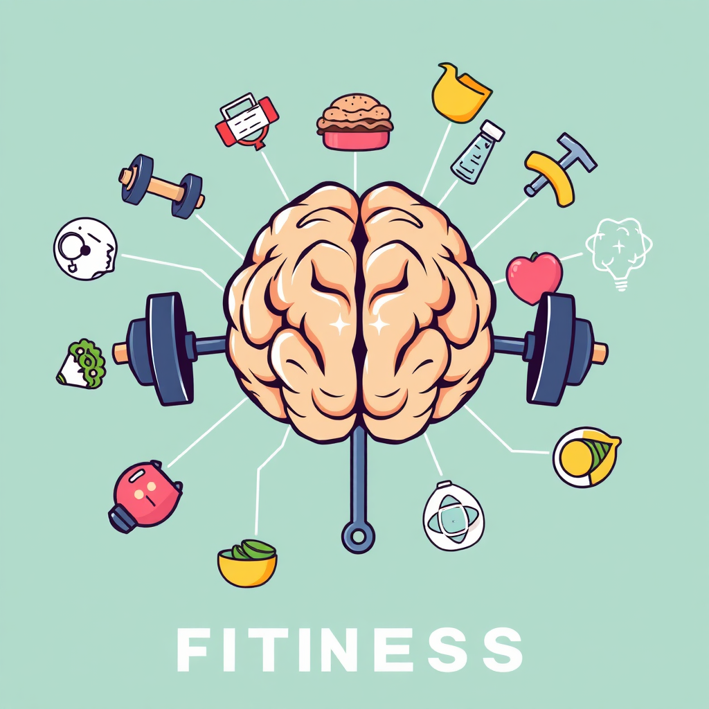 Stylized illustration of a brain connected to various fitness-related elements, such as weights, healthy foods, and exercise equipment. The illustration highlights the importance of knowledge and science in achieving fitness goals. The background features a clean and scientific design.