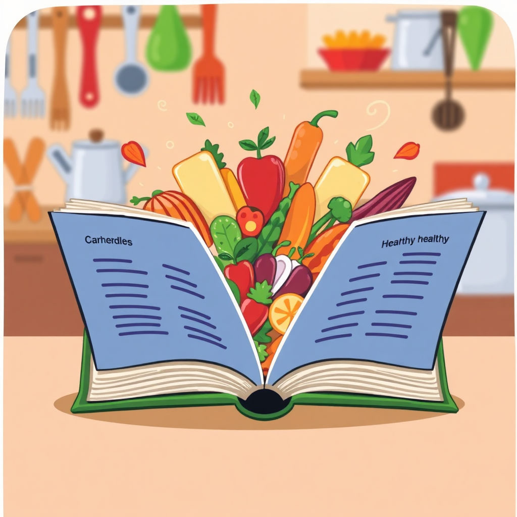 Stylized illustration of a cookbook with various recipes spilling out of its pages. Each recipe is represented by a different healthy ingredient or dish. The background features cooking utensils and a warm, inviting kitchen setting. Use a playful and appetizing color palette to convey the joy of cooking and eating healthy.