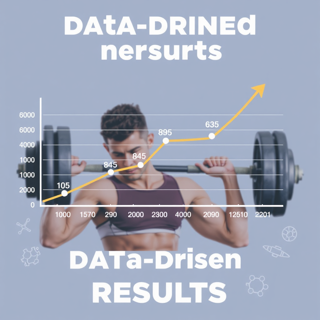 Stylized illustration of a graph displaying progress over time, with data points representing weight, reps, and other measurements. The graph is overlaid on an image of a person working out, representing the connection between data and performance. The background features a clean and scientific design with subtle fitness-related icons. Emphasize the importance of data-driven results.