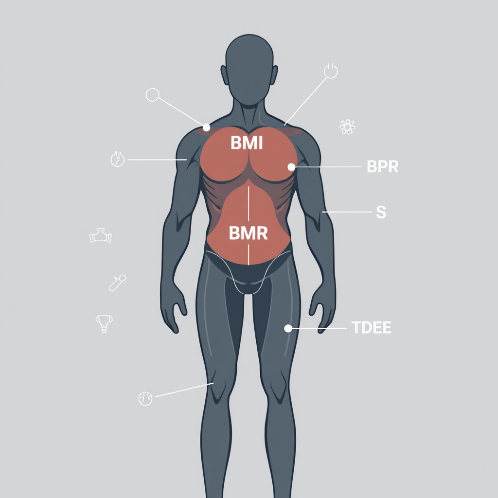 Stylized illustration of a human body with overlaid data points representing BMI, BMR, and TDEE. The data points are connected to various parts of the body, highlighting their relevance. The background features a clean and scientific design with subtle fitness-related icons. Convey a sense of understanding and control over one's body.