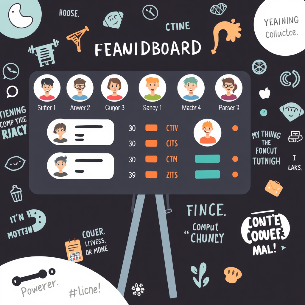 Stylized illustration of a leaderboard with different users' profiles and scores. The leaderboard is set against a backdrop of fitness-related icons and motivational quotes. The overall tone is playful and encouraging. Emphasize the importance of community and friendly competition.