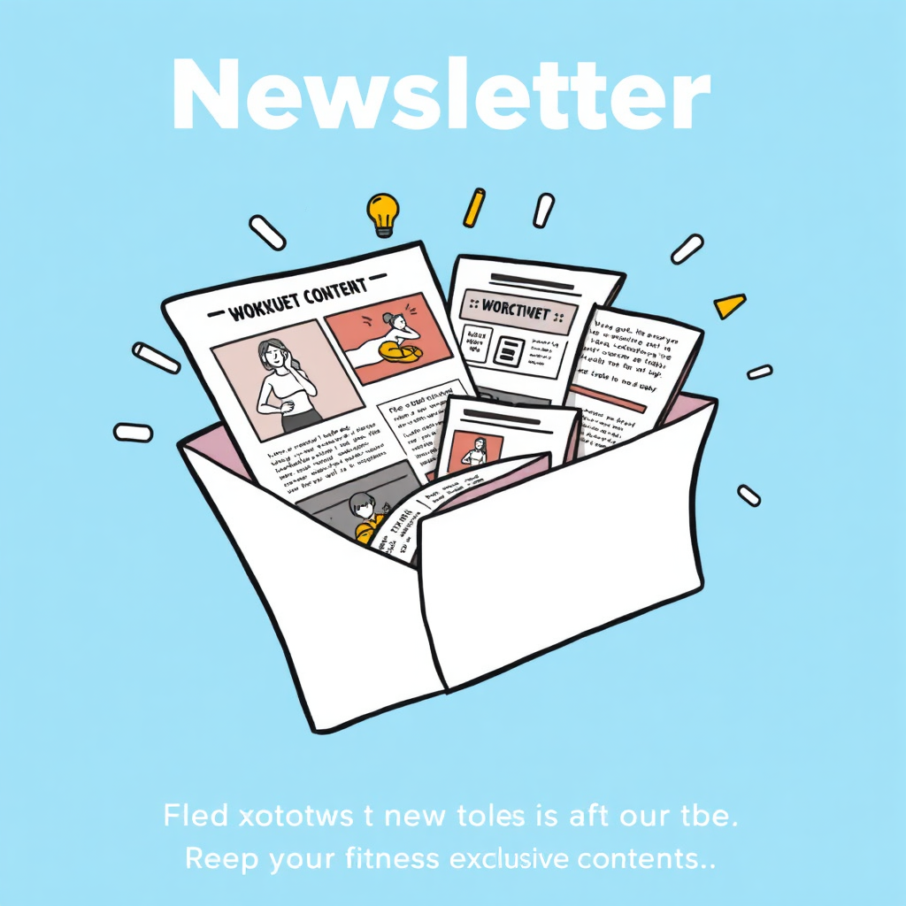 Stylized illustration of a newsletter with various exclusive content spilling out of its pages. The content includes workouts, recipes, and tips. The background features a clean and modern design with fitness-related elements. Emphasize the value and exclusivity of the content.