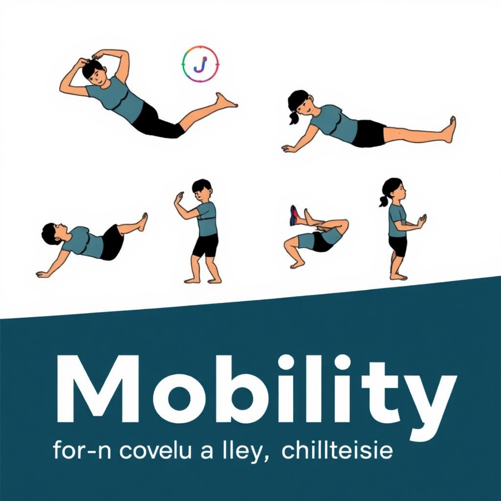 Stylized illustration of a person performing various mobility exercises, such as arm circles, leg swings, and torso twists. The person is moving freely and gracefully. The background features a clean and modern design with subtle fitness-related icons. Emphasize the importance of mobility for overall health and well-being.