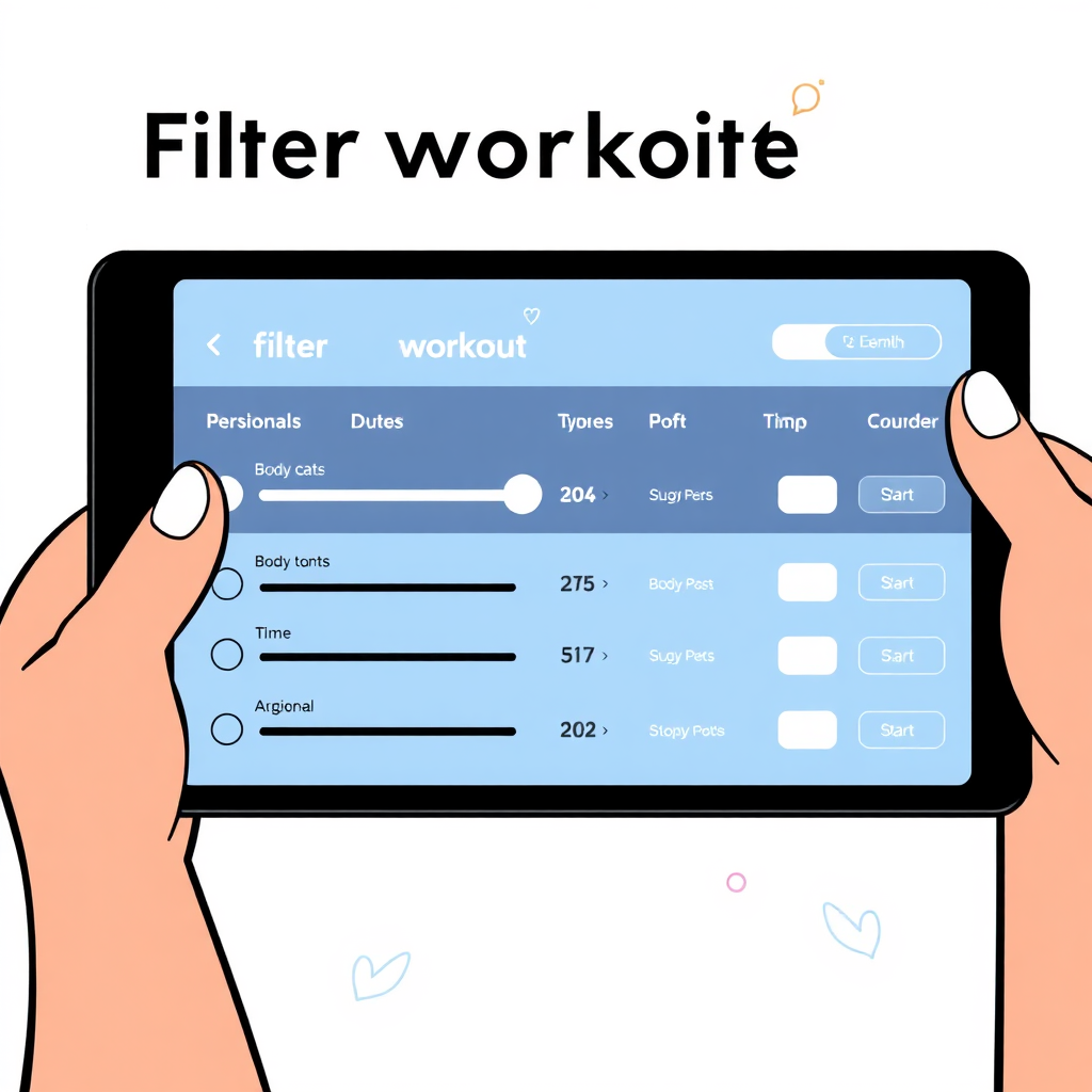 Stylized illustration of a person using a tablet to filter workout options. The tablet displays a user-friendly interface with sliders and checkboxes for different body parts, time constraints, and equipment availability. The person is smiling and appears motivated to start their workout. Background should be clean and modern, with subtle fitness-related icons. Use a bright and optimistic color palette.