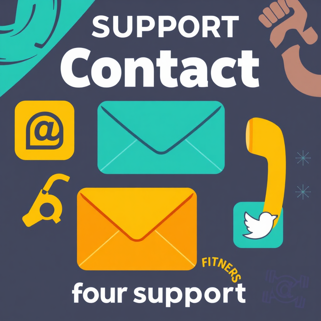 Stylized illustration of various contact methods, such as email, phone, and social media icons. The illustration highlights the ease and accessibility of reaching out for support. The background features a clean and modern design with fitness-related elements. Emphasize the importance of communication and support.