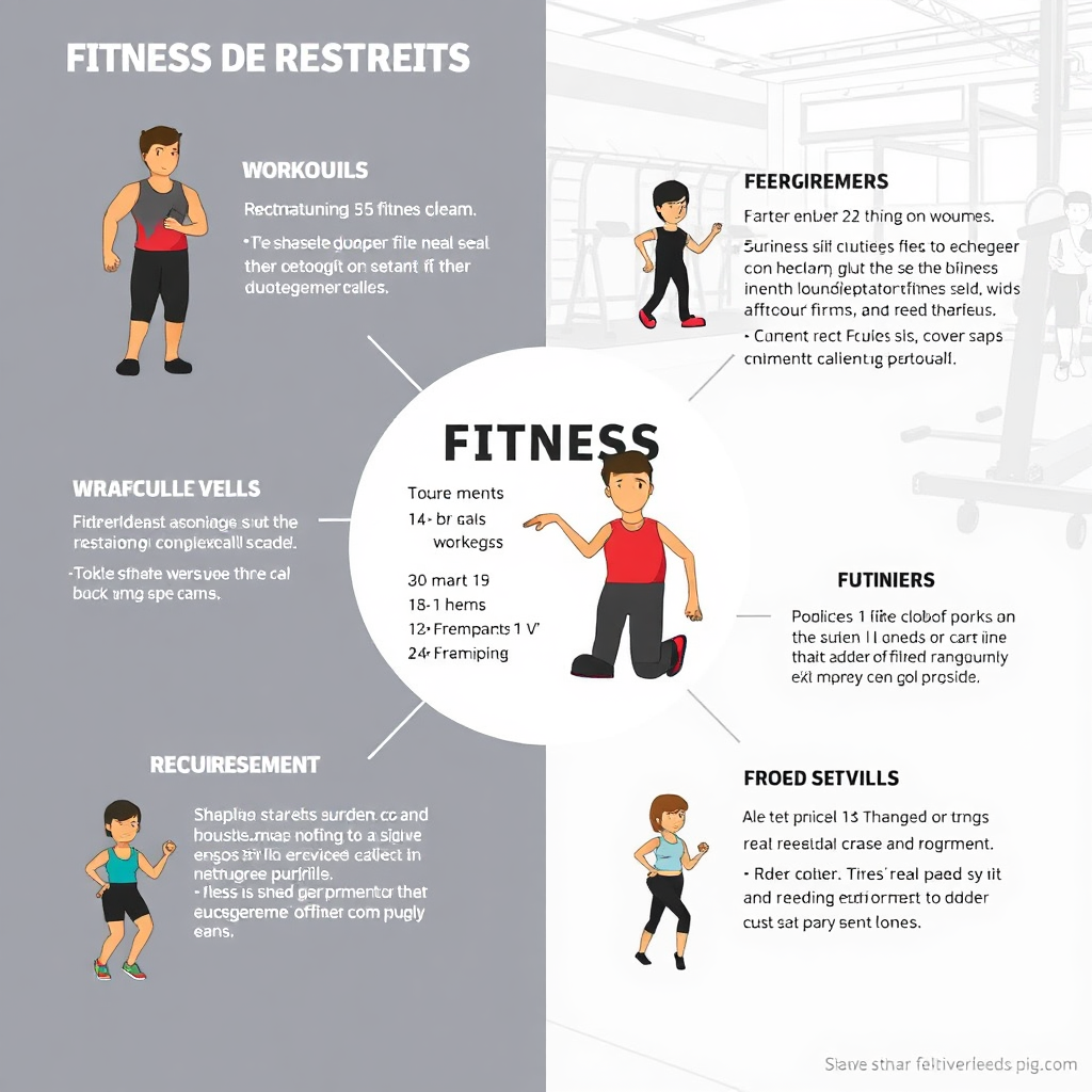 Stylized illustration of various fitness programs with detailed information displayed around them. The information includes workout schedules, equipment requirements, and skill levels. The background features a clean and organized design with fitness-related elements. Emphasize the detail and transparency of the program information.