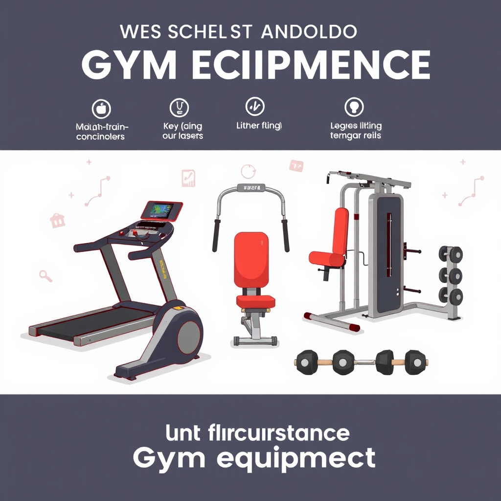 Stylized illustration of various gym equipment, such as treadmills, weight machines, and free weights. The illustration highlights key features and functionalities. The background features a clean and scientific design with subtle fitness-related icons. Emphasize the importance of understanding gym equipment.