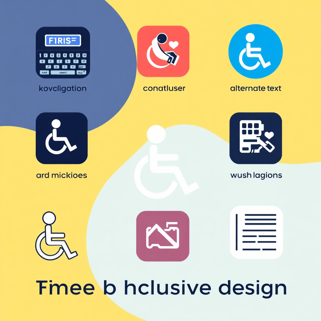 Stylized illustration showcasing various accessibility icons, such as keyboard navigation, screen reader compatibility, and alternative text descriptions. The illustration highlights the commitment to inclusive design. The background features a clean and modern design with fitness-related elements. Emphasize the importance of accessibility for all users.