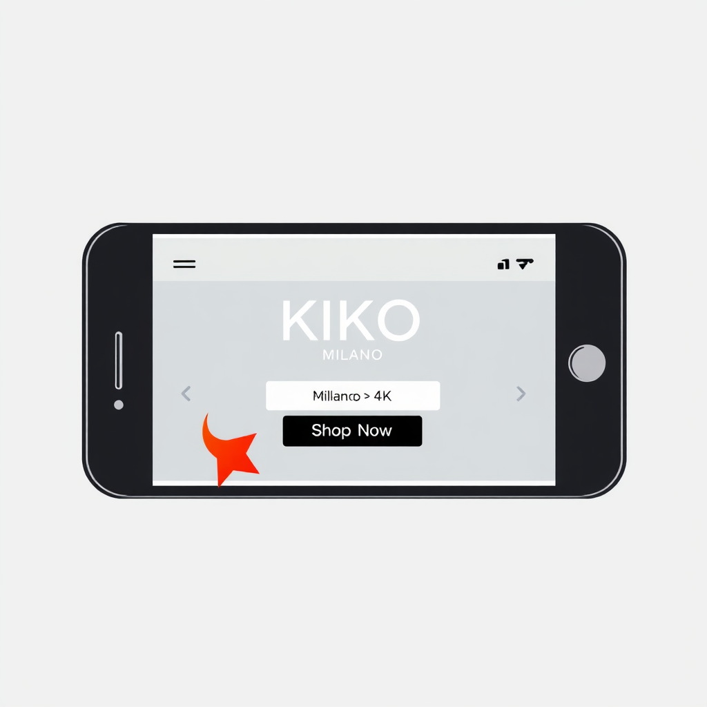 Stylized image of a smartphone displaying the KIKO Milano website with an arrow pointing to a 'Shop Now' button. Clean design. 4K resolution