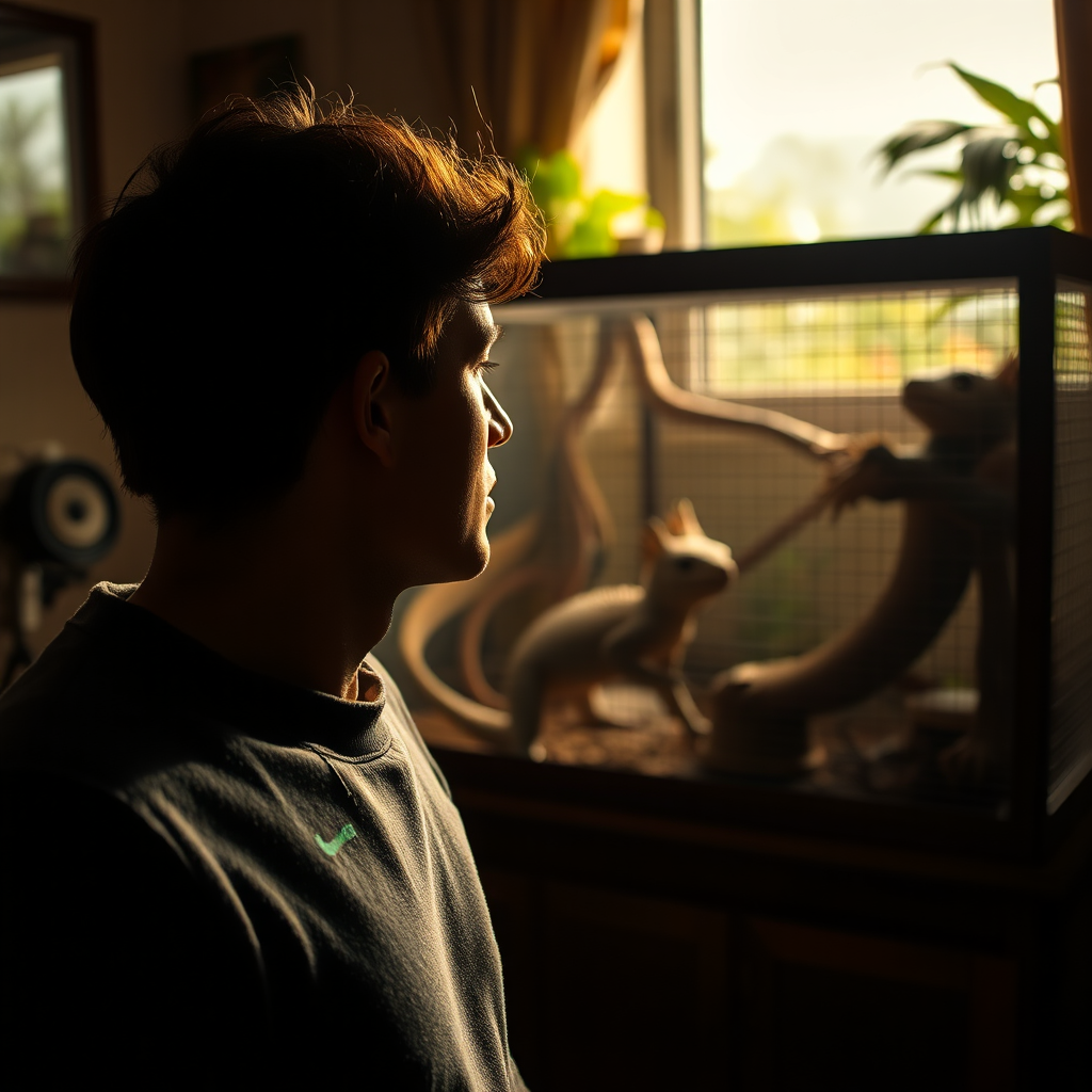 Thoughtful person observing an exotic pet enclosure at home