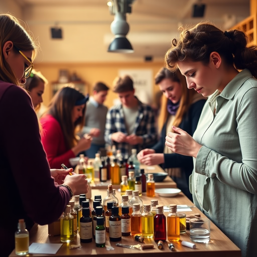 A group of people participating in a perfume-making workshop, surrounded by vials of essential oils and various fragrance materials. The atmosphere is creative and engaging, with participants experimenting and interacting. The lighting is warm and inviting, emphasizing the hands-on nature of the workshop. The color palette is rich and diverse, reflecting the variety of fragrance materials. Style reference: Educational workshop photography with a focus on engagement and discovery.