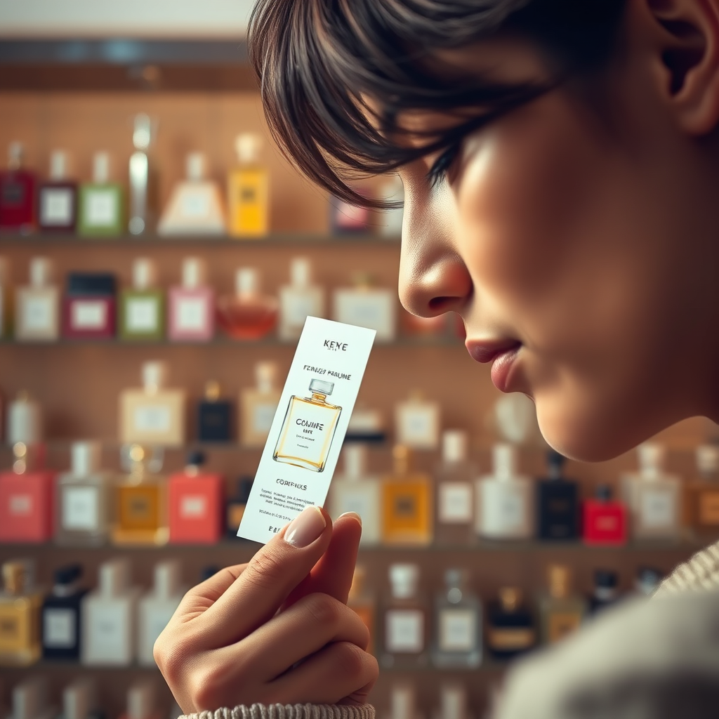 A photorealistic image of a person carefully smelling a perfume sample strip. The background is blurred, featuring shelves filled with various perfume bottles. The lighting is soft and inviting, creating a sense of intimacy and focus. The color palette is warm and neutral, emphasizing the act of discovery. The camera angle is close-up, focusing on the person's face and the perfume strip. Style reference: Perfume advertising with a focus on emotion and personal connection.