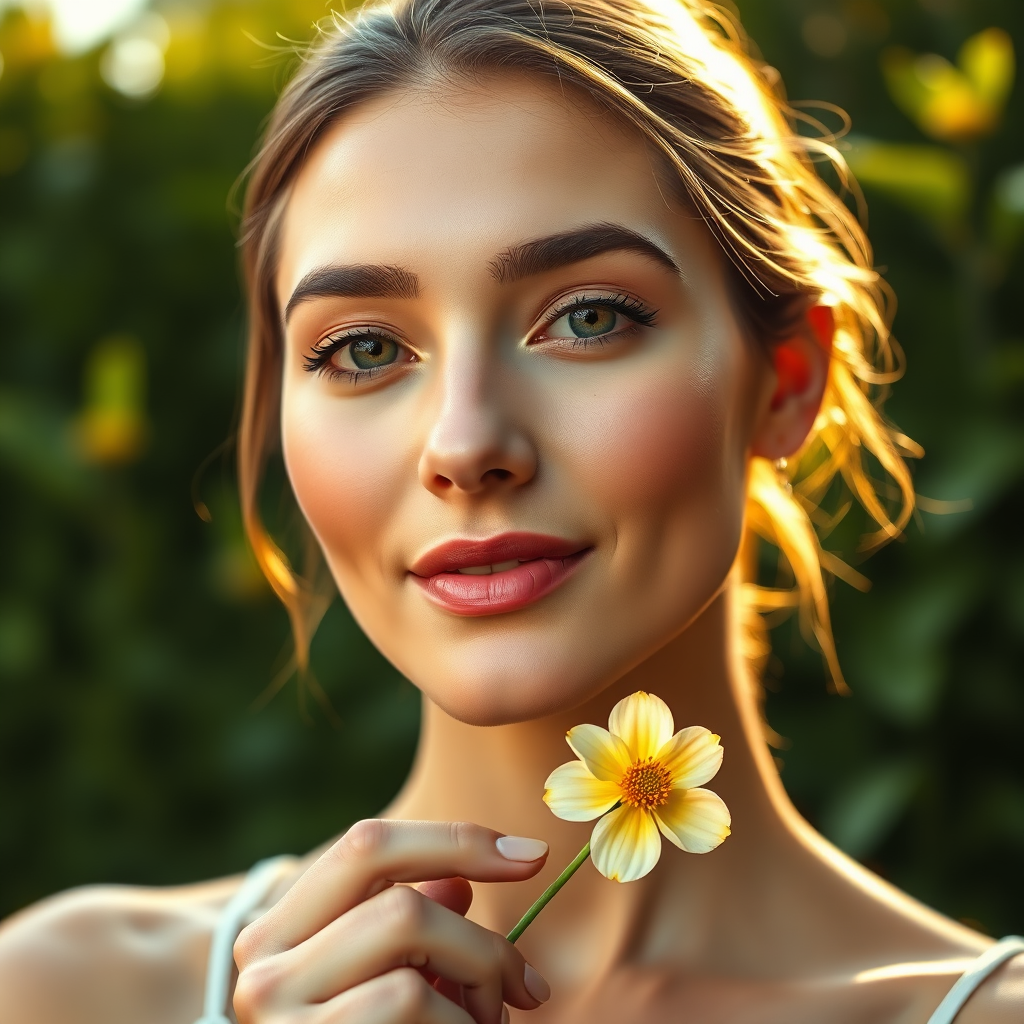A photorealistic image of a woman with radiant, natural-looking skin, holding a single flower. The background is blurred, featuring a lush green garden. The lighting is soft and golden, creating a sense of peace and serenity. The camera angle is close-up, focusing on the woman's face and the flower. The color palette is warm and natural, emphasizing the beauty of nature. Style reference: Natural beauty advertising with a focus on simplicity and authenticity.