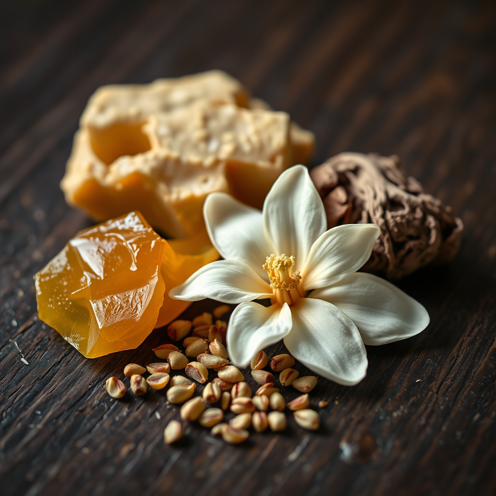 A photorealistic, macro shot showcasing rare perfume ingredients: ambergris, iris butter, jasmine absolute, and oud wood. The ingredients are arranged artfully on a dark wooden surface, with soft, natural lighting highlighting their textures and colors. The camera angle is close-up, focusing on the intricate details of each ingredient. The color palette is rich and earthy, emphasizing the natural origins of the ingredients. Style reference: Fine art photography with a focus on detail and composition.